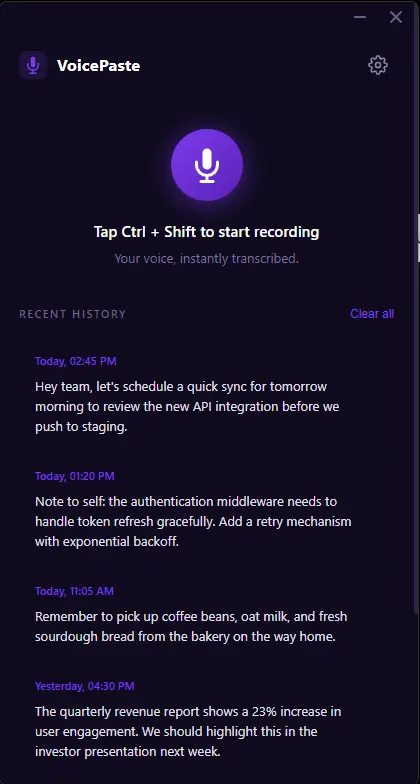 VoicePaste application interface showing voice-to-text transcription